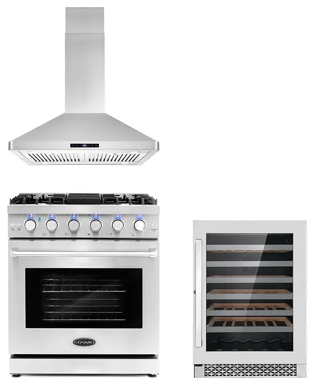 3-Piece, 30" Gas Range, 30" Range Hood and 48 Bottle Wine Refrigerator