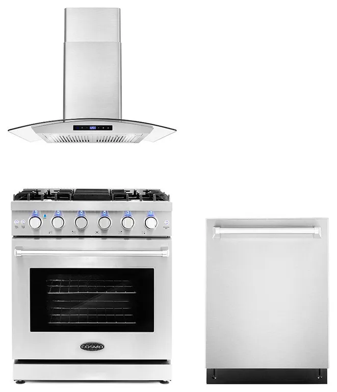 3-Piece, 30" Gas Range 30" Wall Mount Range Hood and 24" Dishwasher