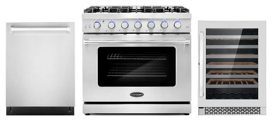 3-Piece, 36" Gas Range 24" Dishwasher and 48 Bottle Wine Refrigerator