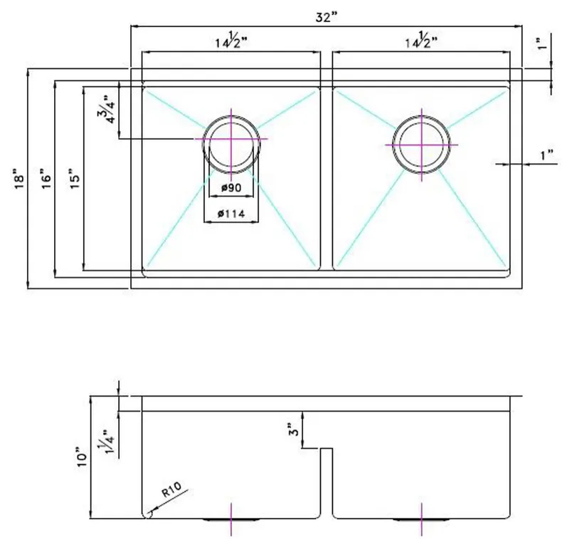 32-in. W Stainless Steel Kitchen Sink With Stainless Steel Finish And 16 Gauge