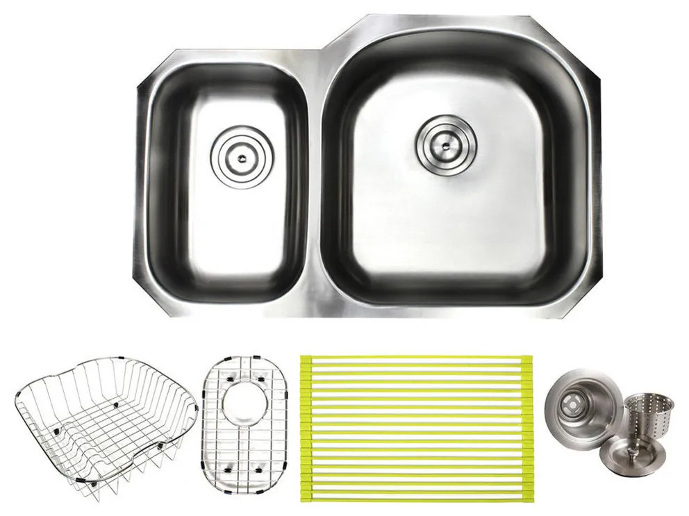 32" Stainless Steel Undermount D-Bowl 30/70 Kitchen Sink and Accessories