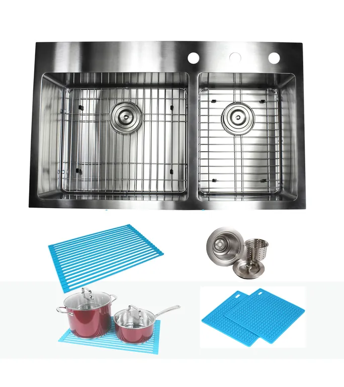 33" Drop In Topmount Stainless Steel Double Bowl Kitchen Sink Package