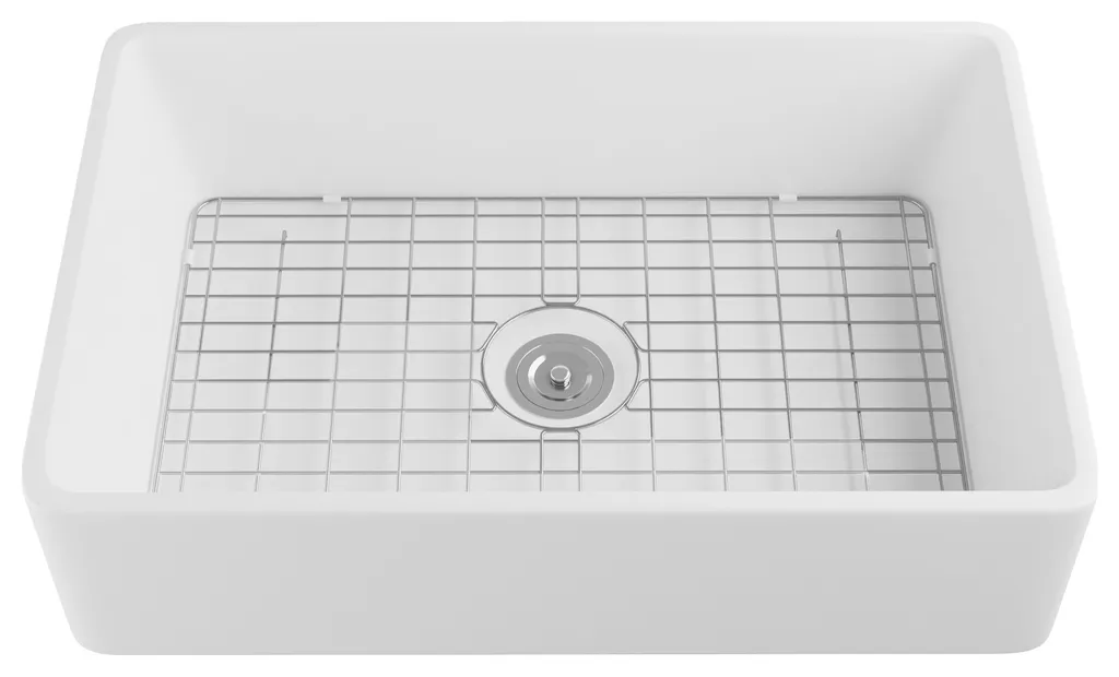 33'' Farm Kitchen Sink Ceramic Rectangular Single Bowl With Grid and Strainer