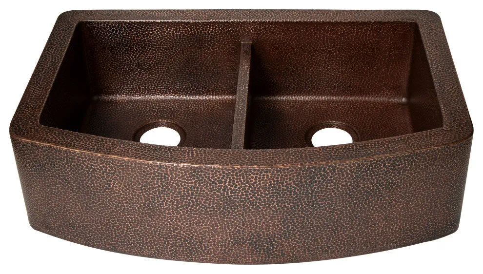 33" Farmhouse 50/50 2-Bowls Round Apron Hammered Copper Kitchen Sink, 16 Gauge