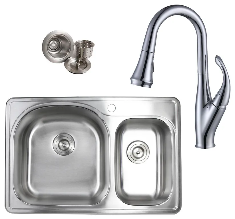 33" Topmount Stainless Steel 70/30 Double Bowl Kitchen Sink and Faucet Combo