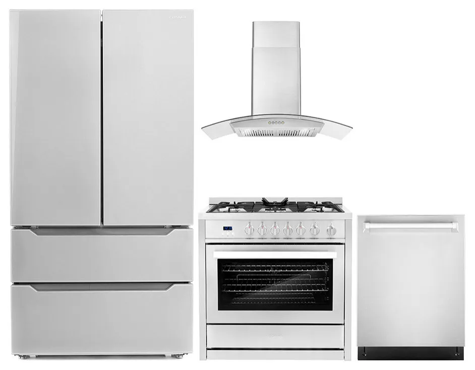 4-Piece, 36" Gas Range 36" Range Hood, 24" Dishwasher, and Refrigerator