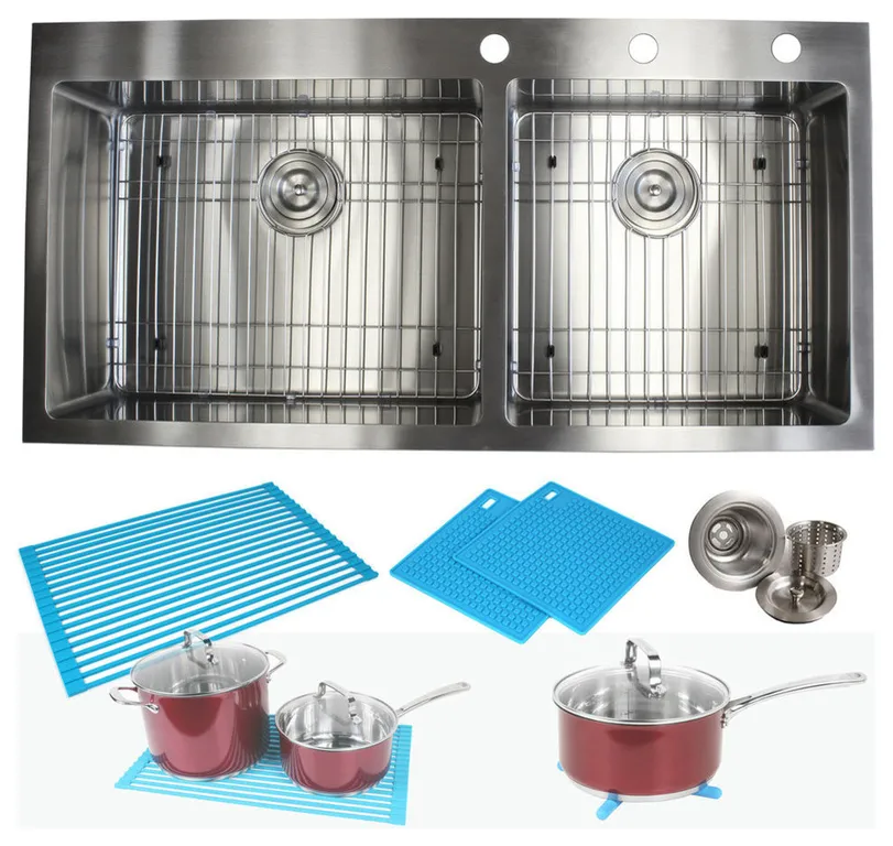43" Drop In Topmount Stainless Steel Double Bowl Kitchen Sink Package