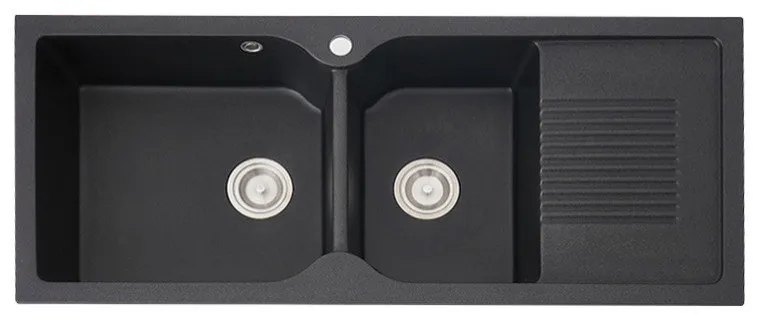 45" Black Quartz Kitchen Sink Double Bowl Drop-In Sink With Drain Board