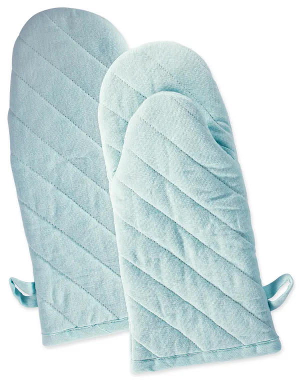 Aqua Solid Chambray Oven Mitt Set of 2