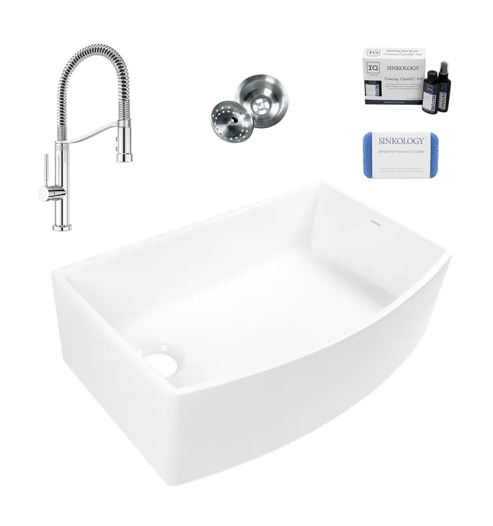 Austen White Fireclay 33" Single Bowl Farmhouse Bow Front Kitchen Sink, Kit