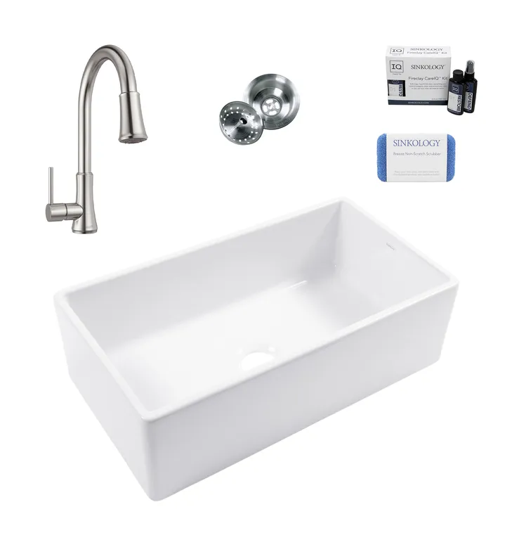 Austen White Fireclay 33" Single Bowl Farmhouse Undermount Kitchen Sink, Kit