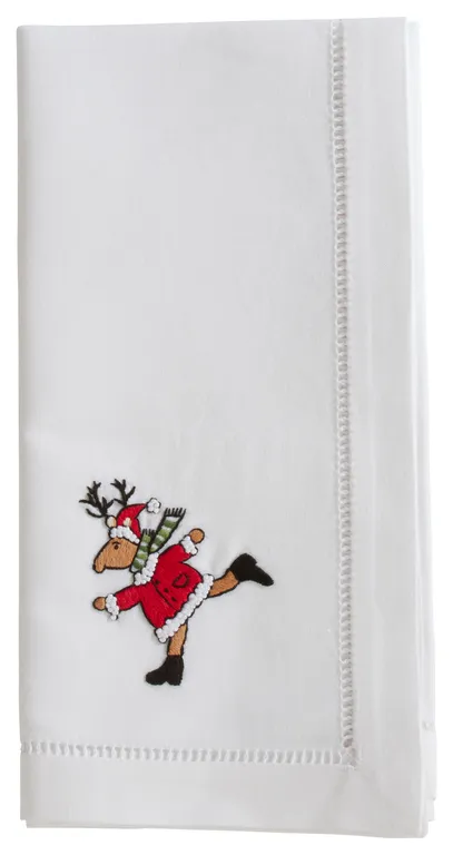 Cotton Napkins With Embroidered Running Reindeer Design, Set of 6, 20" x 20"