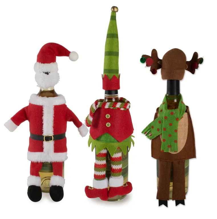 DII Fabric Santa Reindeer Elf Wine Bottle Outfits, Multi-Color, Set of 3