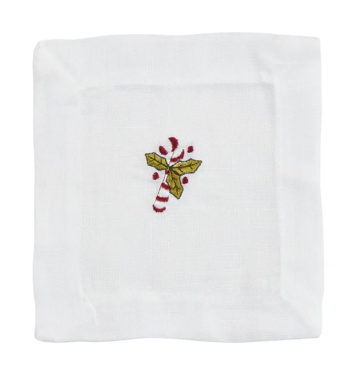 Embroidered Cocktail Napkins With Candy Cane Design (Set of 12), White, 6"x6"
