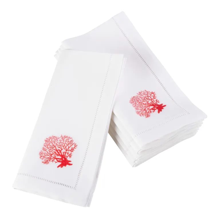 Embroidered Coral Design Hemstitched Border Cotton Napkin - Set of 6, 20" x 20"