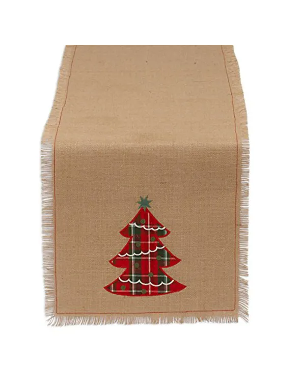 Embroidered Tree Burlap Table Runner 14"x72"