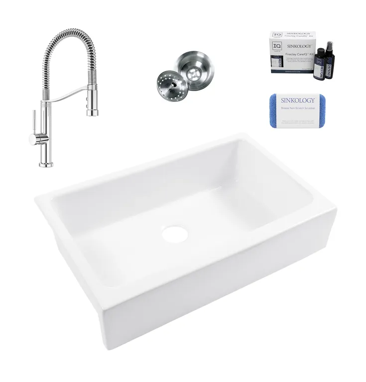 Grace Fireclay 34″ Single Bowl Quick-Fit Farmhouse Undermount Kitchen Sink Kit