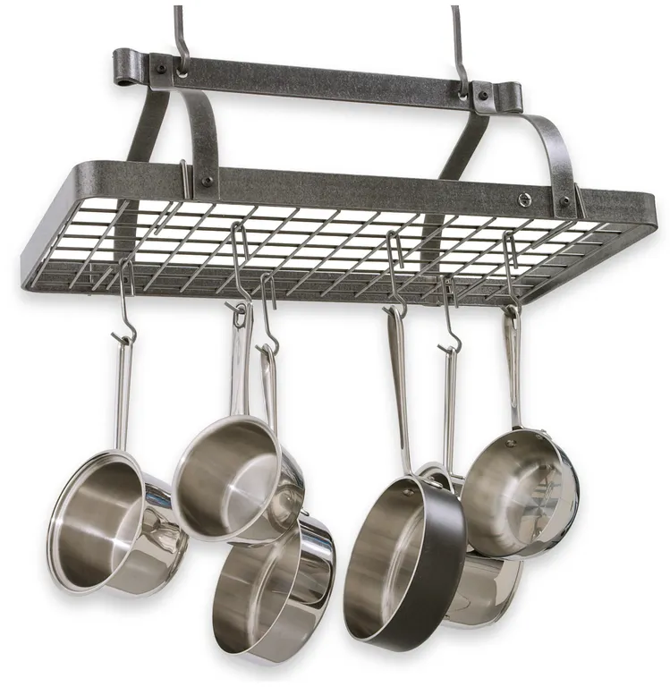 Grande Cuisine Rectangle Ceiling Rack w 18 Hooks Hammered Steel