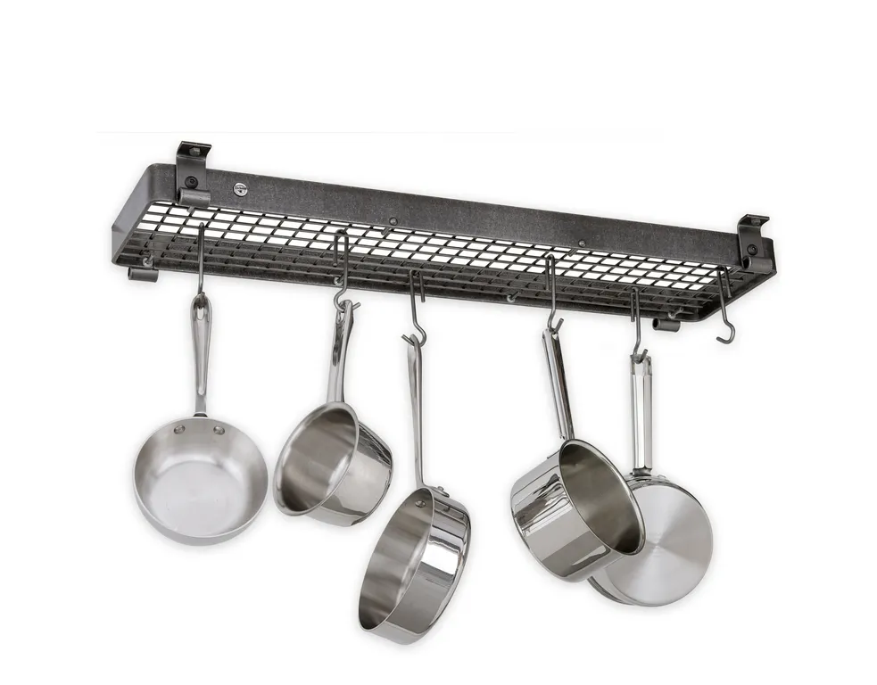 Handcrafted 36" Narrow Flush Mounted Ceiling Rack w 12 Hooks Hammered Steel