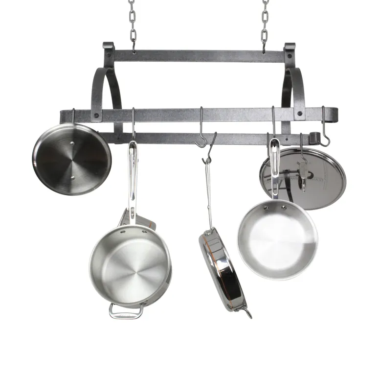 Handcrafted Three Bar Ceiling Pot Rack w 18 Hooks Hammered Steel