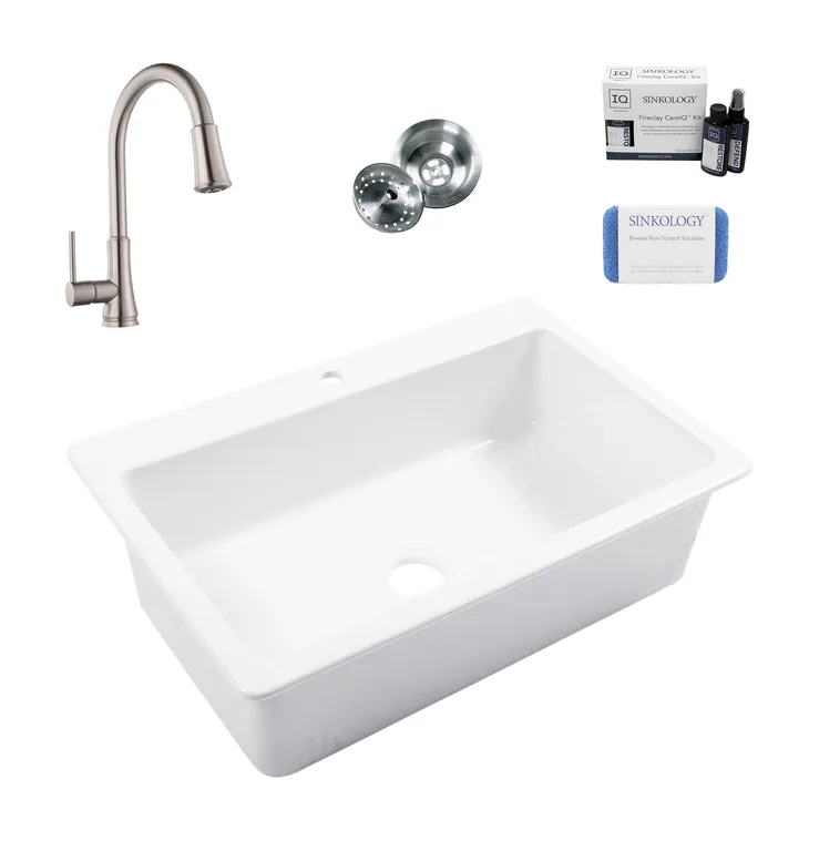Jackson White Fireclay 33" Single Bowl Drop-In Kitchen Sink, Faucet Kit