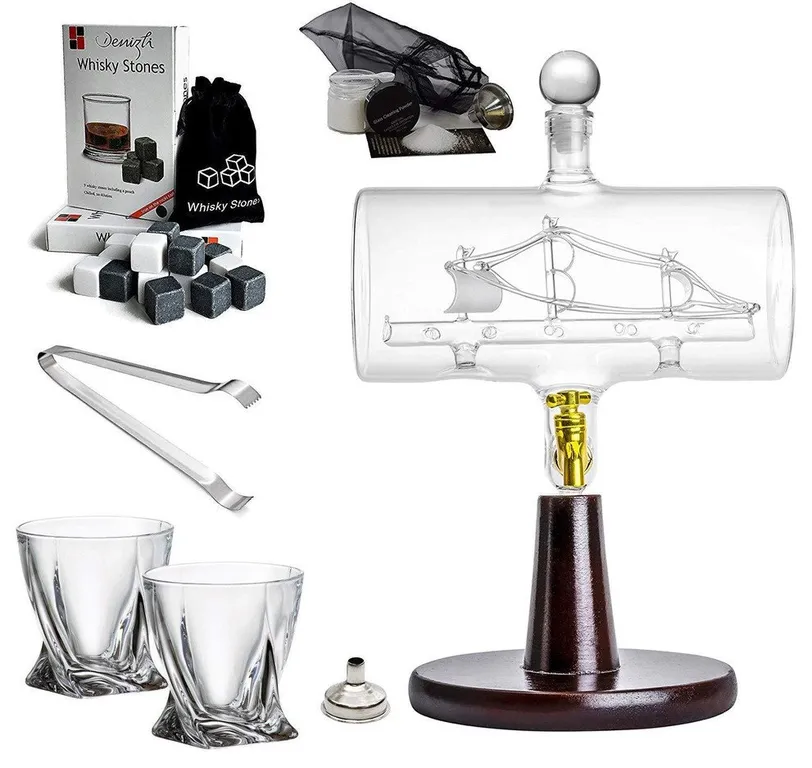 Large 50 Oz 'Magellan' Handmade Whisky Dispenser Liquor Etched Decanter Mega Set