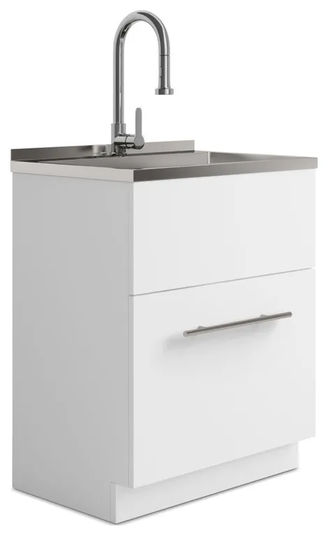 Metro Laundry Cabinet with Faucet and Stainless Steel Sink in White, White, 28"