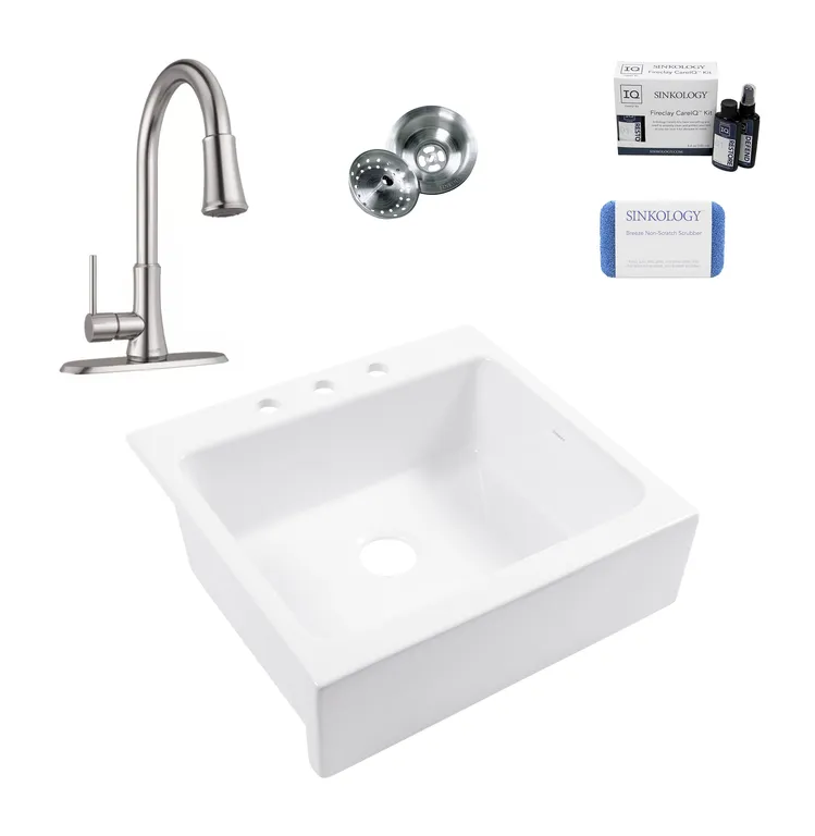 Parker Fireclay 26″ Single Bowl Quick-Fit Farmhouse Drop-in Kitchen Sink Kit
