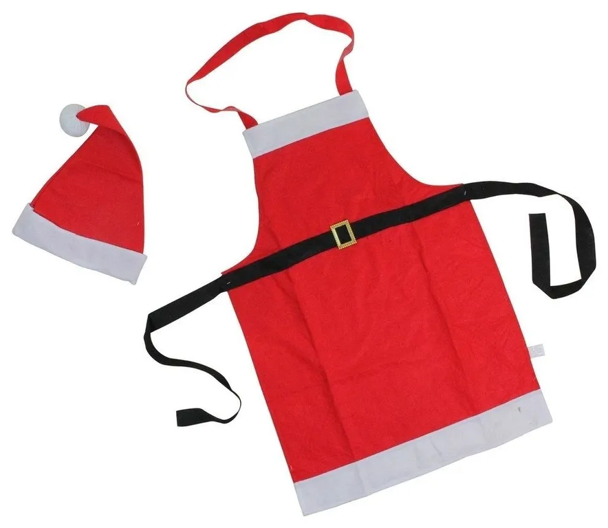 Red and White Santa Claus Christmas Apron and Hat 2-Piece Set, Adult Size