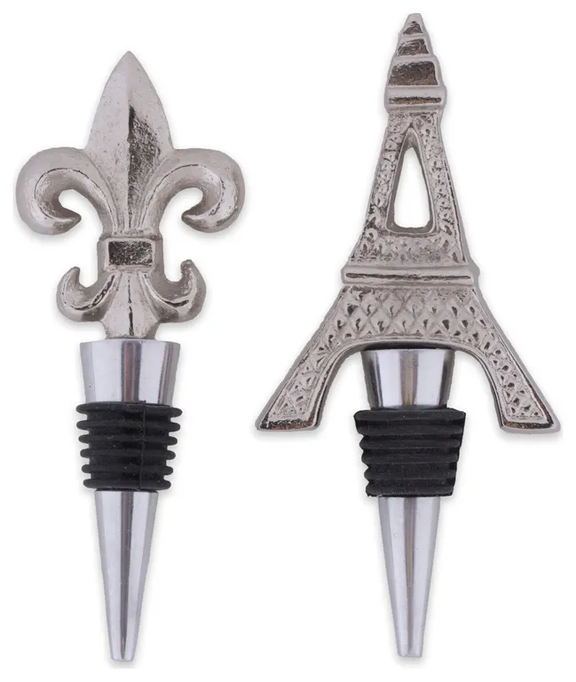 Silver Eiffel Tower and Fleur Del Lis Bottle Stopper Set of 2