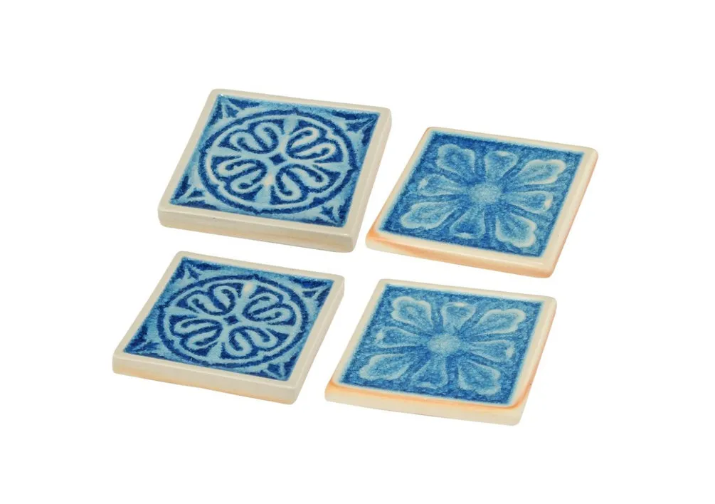 Square Shaped Ceramic Coaster with Intricate Detail, Blue and Cream, Set of Four