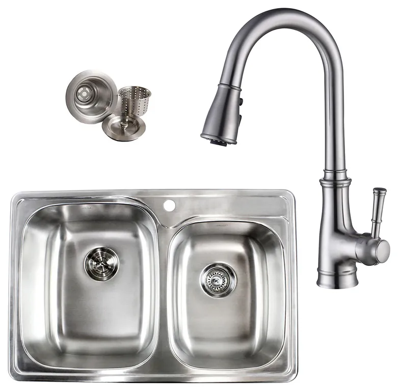 Topmount Stainless Steel 33-1/8" 1-Hole 60/40 Double Bowl Kitchen Sink/Faucet