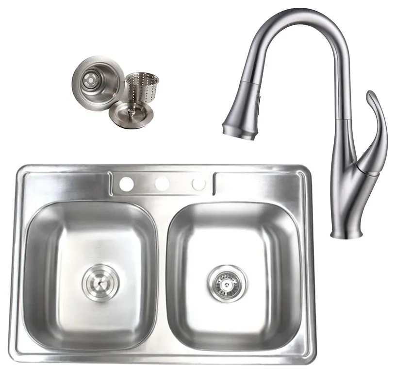 Topmount Stainless Steel 33-1/8" 3-Hole 50/50 Double Bowl Kitchen Sink/Faucet