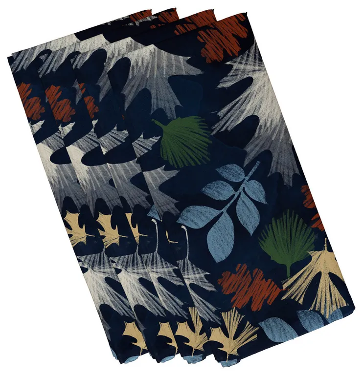 Watercolor Leaves Floral Print Napkin, Set of 4, Navy Blue