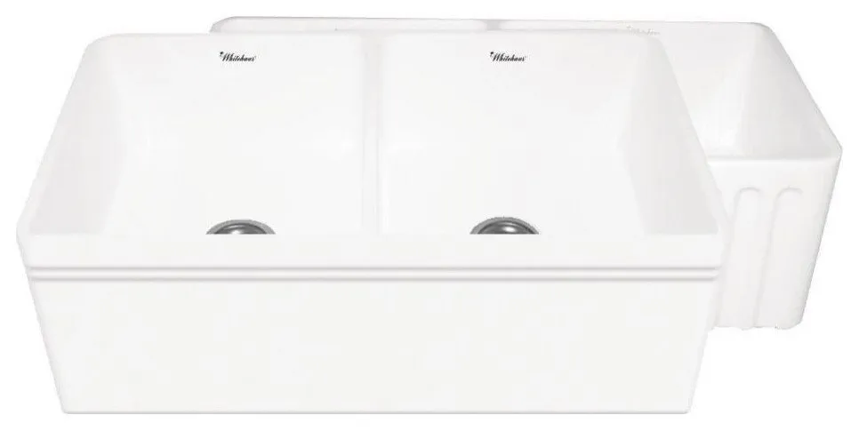 Whitehaus WHFLAL3318 33" White Double Bowl Reversible Fireclay Farmhouse Sink