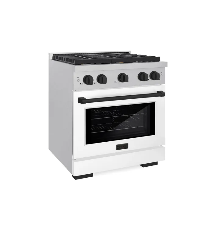 ZLINE 30" Gas Range, DuraSnow With White Matte and Matte Black SGRSZ-WM-30-MB