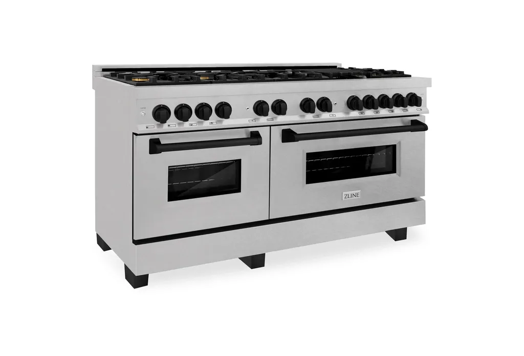 ZLINE 60" Dual Fuel Range, DuraSnow Steel With Matte Black RASZ-SN-60-MB