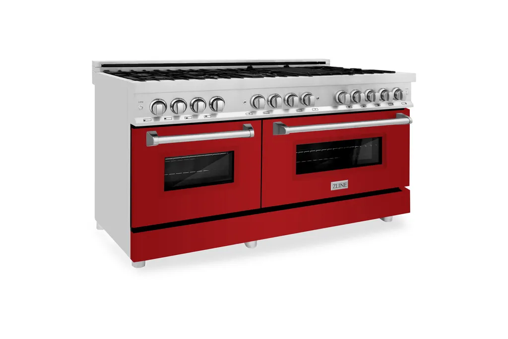 ZLINE 60" Dual Fuel Range, Stainless Steel With Red Gloss Door RA-RG-60